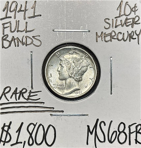 1941 MS68FB RARE FULL BANDS SILVER MERCURY .10c