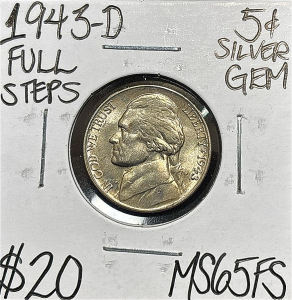 1943-D MS65FS FULL STEPS GEM SILVER JEFFERSON .05c