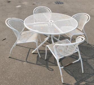 White Wrought Iron Patio Set, 4 Chairs & Table, Mesh Design