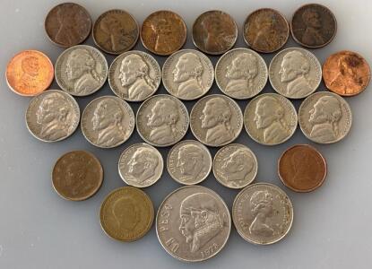 Collection Of Various Coins Including, One Cent Pennies, 1952 Liberty Nickels, Dimes, And Foreign Coins