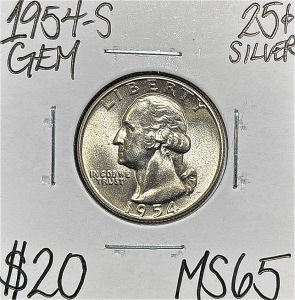 ;1954-S MS65 GEM SILVER WASHINGTON QUARTER