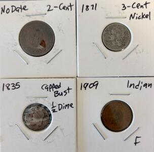 Mystery Two Cent Coin, 1871 Three Cent Coin, 1835 Capped Bust 1/2 Dime, And 1909-F Indian Head Cent