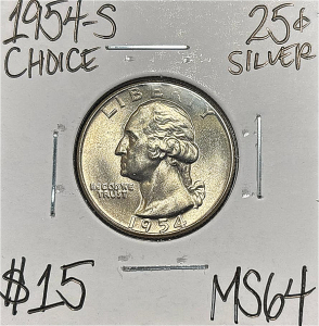 1954-S MS64 CHOICE SILVER WASHINGTON .25c