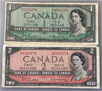 &ldquo;Foreign Paper Money&rdquo; 1951 Canadian One Dollar Bill And Two Dollar Bill
