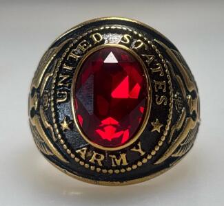 Gold-Plated Red Sapphire United States Army Military Ring (Size 13)
