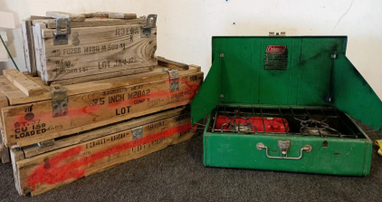 Vintage Coleman 2 Burner Camping Stove With Fuel Tank 1975, (2) Military Wooden Ammunition Box, (1) U.S. M500 Artillery Fuze Wooden Container