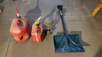 (2) Gas Cans, Vintage Coleman Lantern And Snow Shovel
