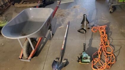Wheel Barrow, Shovel, Extension Cord And Trimmer Gas