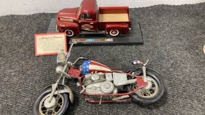 Vintage model patriotic motorcycle and 1948 Ford pick up