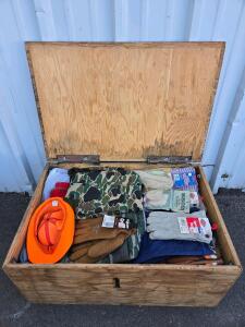 Large Wooden Storage Box w/ Gloves & Outdoor/Hunting Clothing