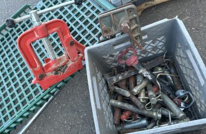 Assorted items (1) Clamp On Vise (1) Pipe Vice (1) Milk Crate W/ Hitch Pins