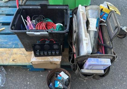 Assorted 12v Electrical Items (1) Tub Of Wire (1) 6 Switch Panel (1)Coffe Can w/ Crimp Connectors (1) Tool Bag With Connectors & Heat Shrink