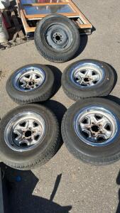 (4) 15&rdquo; Old Chevy Wheels W/Beauty Rings & Tires (1) Steel Chevy Spare Wheel