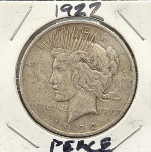 1922 United States Peace Dollar Coin, Silver Composition, No Mint Mark