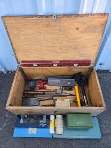 Large Wooden Lockbox w/ Vintage Assorted Hand Tools