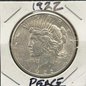 1922 US Peace Dollar Coin, Philadelphia Mint, 90% Silver