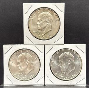 (3) 1972 & 1776-1976 Eisenhower Dollar Coins, San Francisco Mint, Bicentennial Design