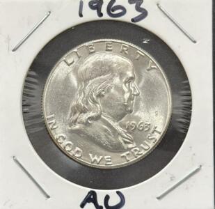 1963 Franklin Half Dollar, 90% Silver, AU Condition