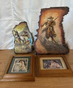 Assorted Native Americans Artwork (2) 11&rdquo;x13&rdquo; Framed Pictures (1) 21.5&rdquo;tall by 16.5wide Hand Painted Cowboy Signed By Artist (1) 15.5&rdquo;tall by 8.5&rdquo;wide Indian Roping Horse
