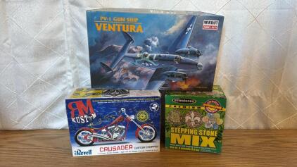 (1) Revell RM Kustoms Chopper Model Kit (1) MiniCraft PV-1 Ventura Model Kit (1) Milestones Stepping Stone Mix