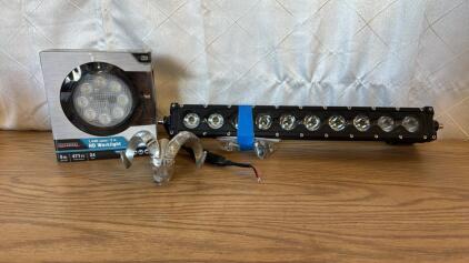 (1) 20&rdquo; Travelers LED Light Bar (1) 5&rdquo; Travelers Round LED HD Work Light (1) Vintage Ram Hood Ornament