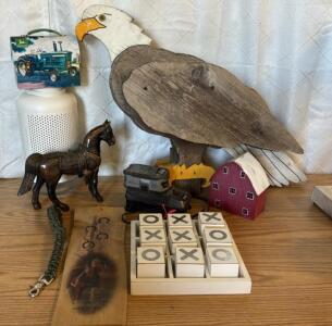 Assorted Items (1) Hand Made Bald Eagle Approximately 23&rdquo;x32&rdquo; (1) Ryobi 18v Lithium Tool Battery & Charger (1) Metal Horse (Bronze Color) (1) 18&rdquo;x 5.5&rdquo; Painted Horse On Wood (1) 14&rdquo; Tall White Candle Lantern & More