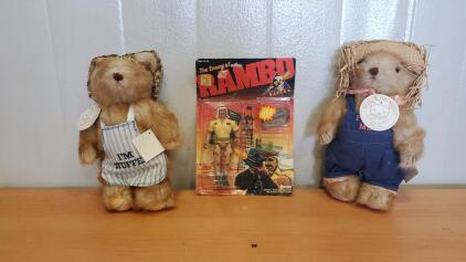 Vintage The Enemy of Rambo Action Figure and (2) Vintage Gorham "Bear of the Month" Collectible Teddy Bear