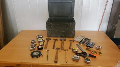 Assorted Tools And Green Wooden Tool Box