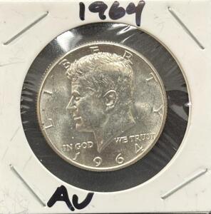 1964 Kennedy Half Dollar Coin, AU Grade, 90% Silver, Historical Significance