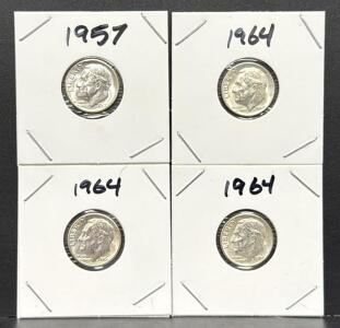 Roosevelt Dimes, 1957 & 1964, 90% Silver, U.S. Mint, No Mint Mark
