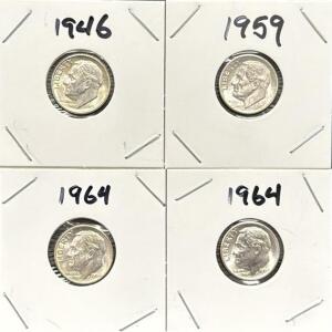 1946, 1959, 1964 Roosevelt Dimes, 90% Silver, U.S. Mint, 1964 D Mint Mark