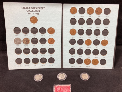 Lincoln Wear Cent Collection, &lsquo;53, &lsquo;58, &lsquo;63 Dimes and 2-Cent Postage Stamp