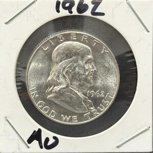 1962 Franklin Half Dollar Coin, United States, 90% Silver, Liberty Bell Design