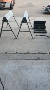 Two Aluminum Saw Horse, Vintage Saw And Husky Tool Box