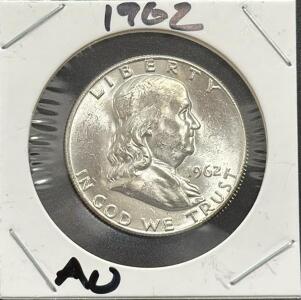 1962 Franklin Half Dollar Coin, AU Grade, Denver Mint Mark