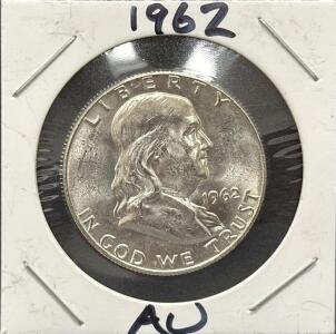 1962 Franklin Half Dollar, 90% Silver, AU Grade, No Mint Mark