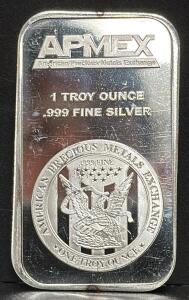 APMEX Silver Bullion Bar, 1 Troy Ounce, .999 Fine Silver, American Precious Metals Exchange