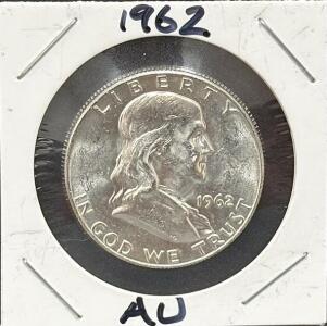 1962 Franklin Half Dollar Coin, 90% Silver, Philadelphia Mint, AU Grade