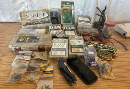 Assorted Items (3) Cotter Pin Containers (2) Roll Pin Containers (1) Stainless Screw & Nut Assortment (2) Hitch Pins Containers, Trailer Wiring , Torch Tips (1) Kilimanjaro Magnus Multi Tool & More