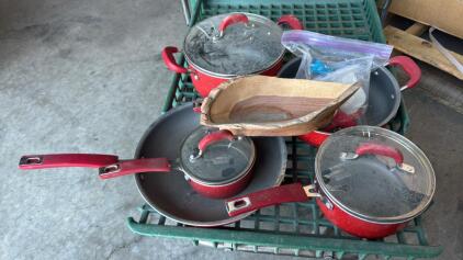 Tote With Assorted Items , The Pioneer Women Pots & Pan , Desk Top Lamp , Carved Wooden Bowl & More