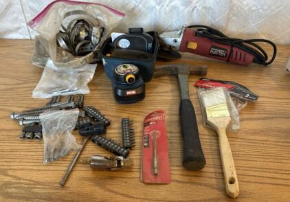 Assorted Tools (1) Chicago Electric Grinder (1) Ryobi Air Grip LaserLevel (1) Baggie Of Hose Clamps & More