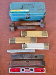 Vintage Metal Toolbox w/ Vintage Levels, Folding Rulers & More!