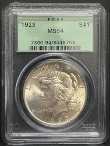 1923 Peace Dollar, MS64, PCGS Graded, United States Coin, Serial 7360.64/8448753