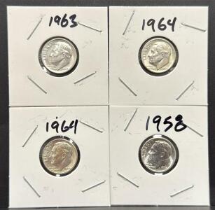 U.S. Roosevelt Dimes, 1958, 1961, 1963, 1964, Silver Composition