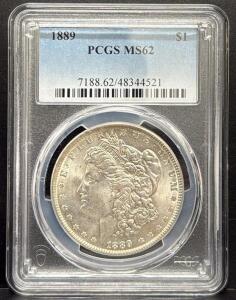 1889 Morgan Silver Dollar, PCGS MS62, $1 Coin, Serial 7188.62/48344521