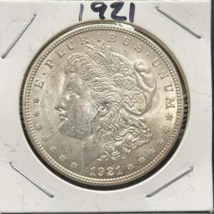 1921 Morgan Silver Dollar Coin, United States Mint, 90% Silver, No Mint Mark
