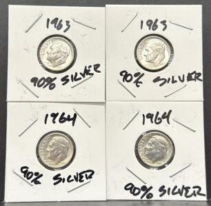 (4) Total 1963 & 1964 Roosevelt Dimes, 90% Silver, U.S. Mint