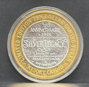 Silver Legacy 3rd Anniversary $10 Casino Token, .999 Fine Silver, 1998, Limited Edition