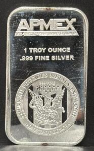 APMEX Silver Bullion Bar, 1 Troy Ounce, .999 Fine Silver