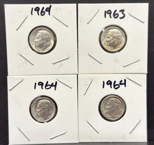 (4) Total 1963 & 1964 Roosevelt Dimes, United States, Silver Composition